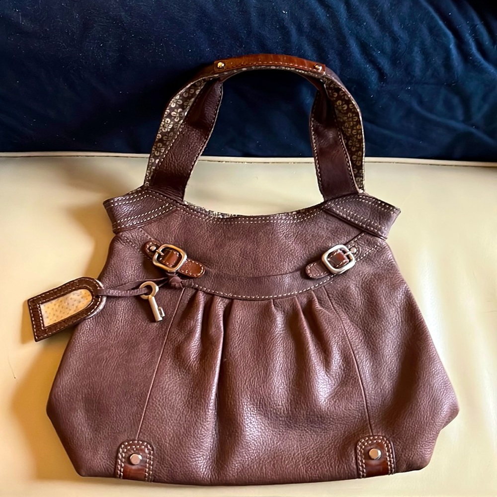 Fossil Brown Pebble Leather Hobo Bag Green lining
